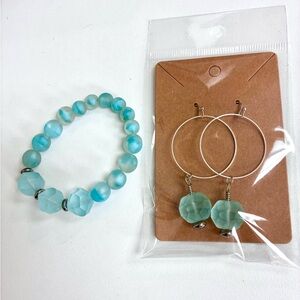 Aqua Beaded Bracelet and Hoop handmade Earrings Set